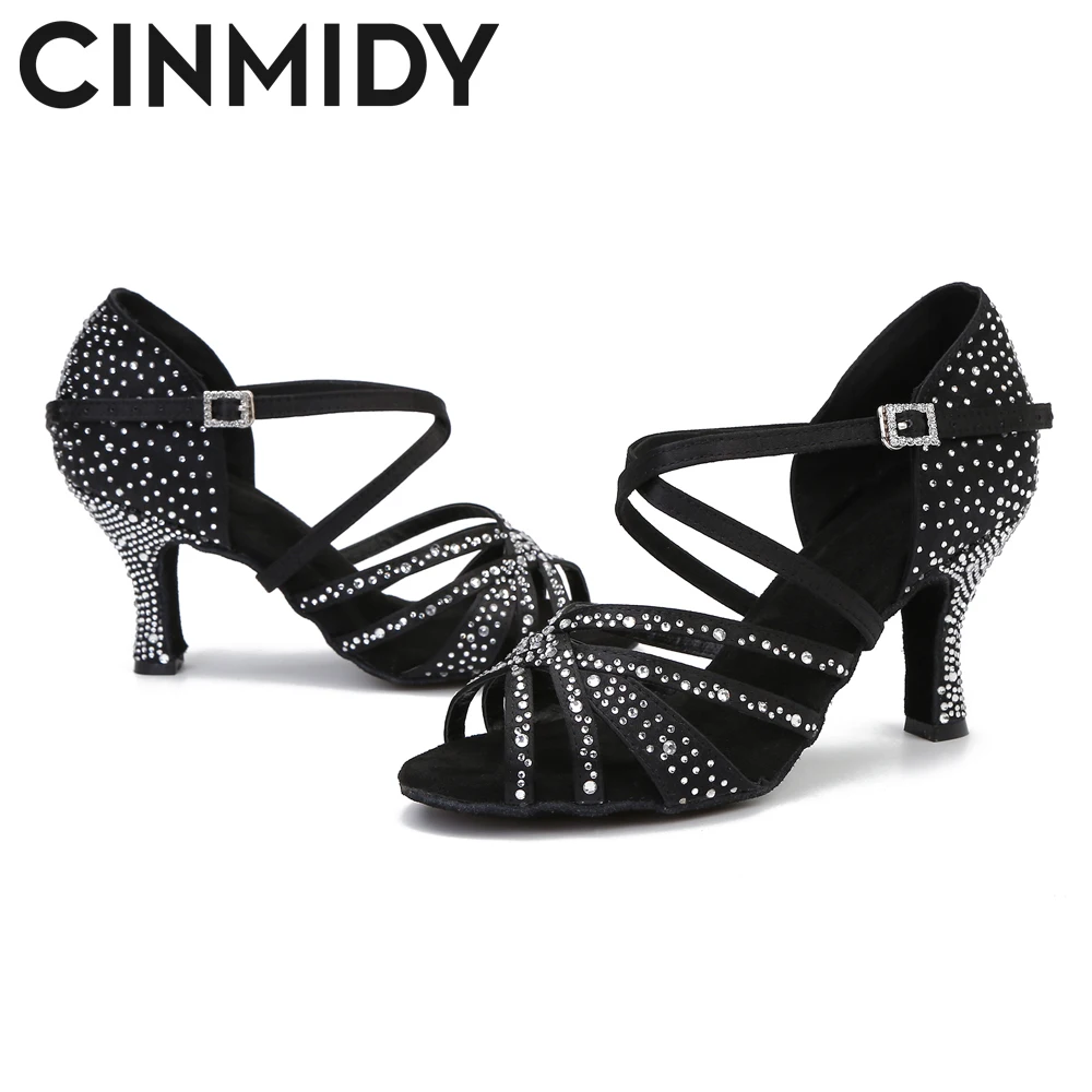 CINMIDY Latin Dance Shoes Woman Satin Rhinestones Soft Bottom Party Dance Shoes Salsa Dancing Shoes Ladies Wedding Sandals 7.5cm 4