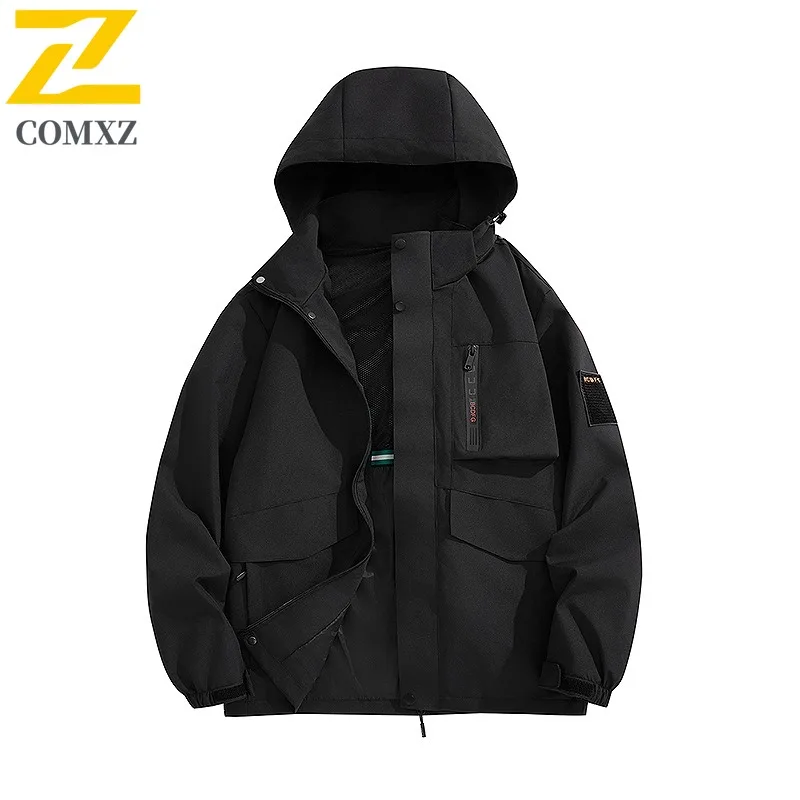 COMXZ Minimalist Hooded Design Mens Jacket Mountaineering Windproof Motorcycle Jacket Daily Style Lightweight Autumn Clothing