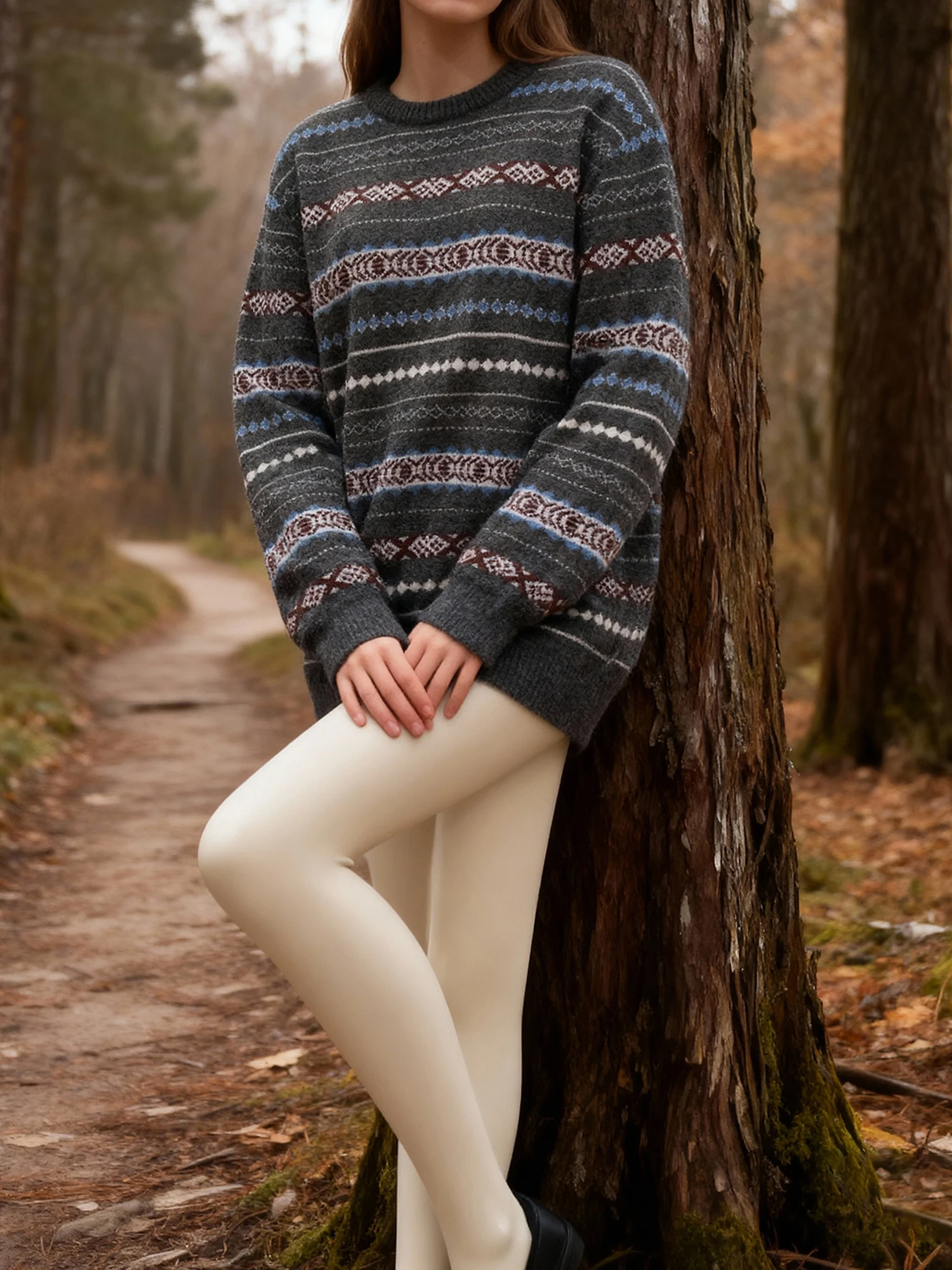 Women s Cozy Oversized Knit Pullover Sweater with Round Neckline and Striped Design for Fall Winter Fashion