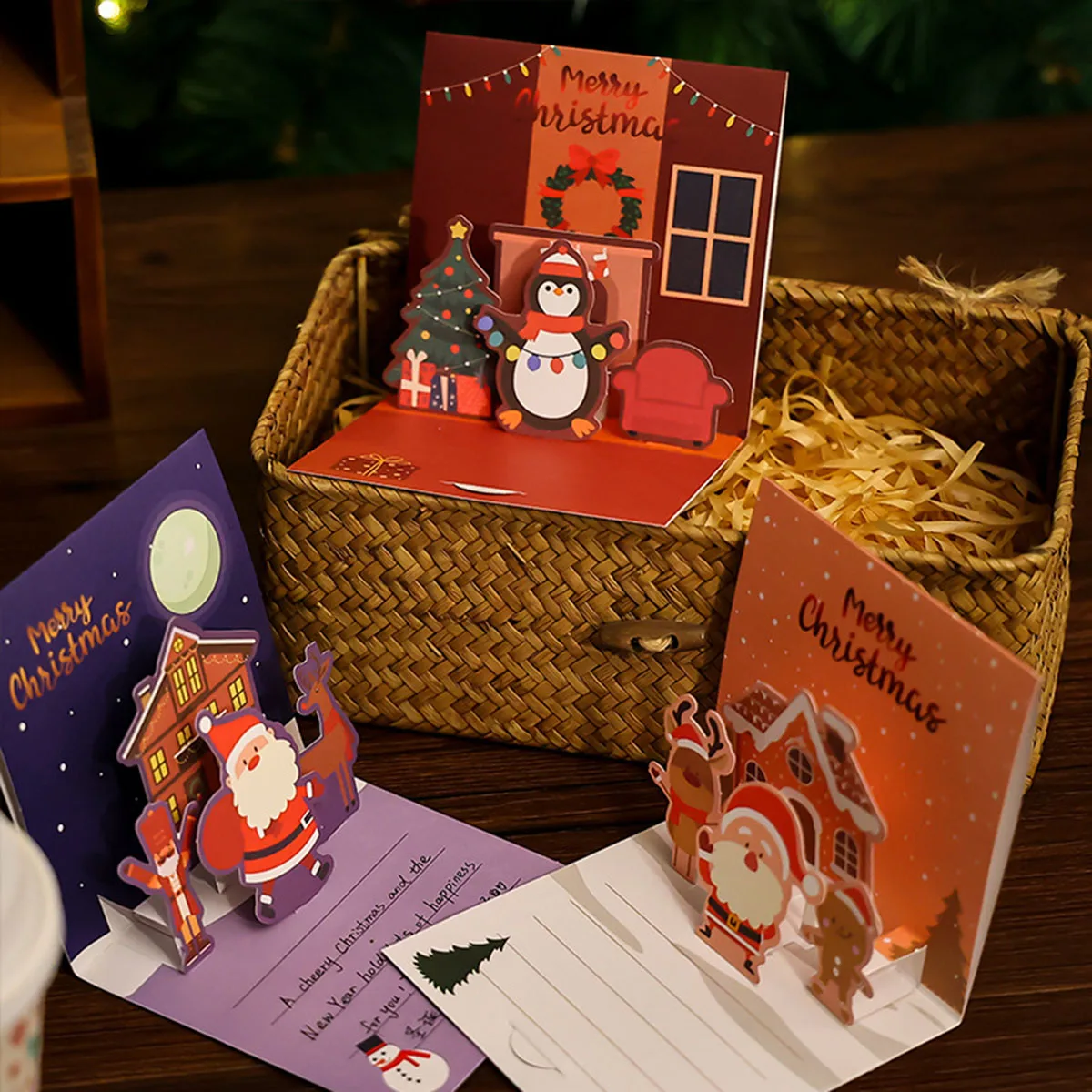 3D Christmas Stereo Greeting Cards Thanksgiving Holiday Blessings DIY Christmas Eve Blank Cards Envelopes 1/2/4 Pack