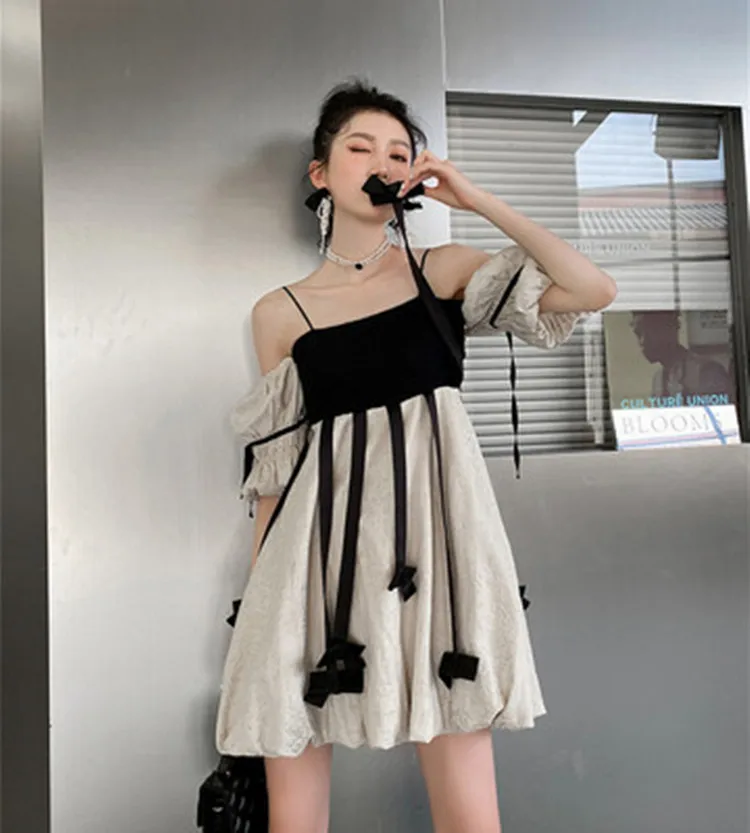 

2023 New Fashion Temperament Summer Runway Dress Women Puff Sleeve Bow Sexy Suspender Dress Female Clothing