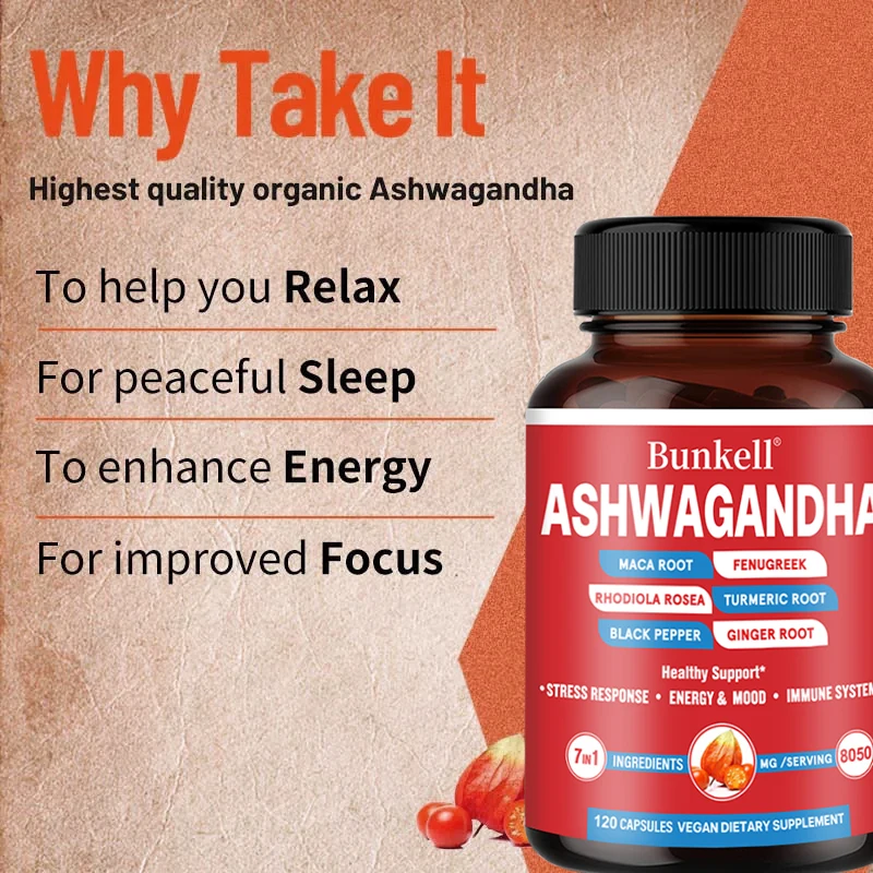 120 Capsules-Ashwagandha Supplement-Ginger Root, Turmeric, Rhodiola Rosea & Black Pepper, Stress, Energy, Mood, Immunity