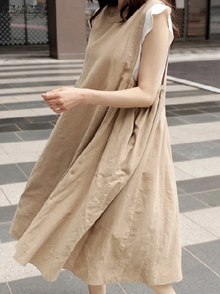 

ZANZEA Loose Solid Midi Dress Fashion Oversize Sundress Sleeveless Ruffles Long Dresses 2023 Summer Women V-neck Colorblock Robe
