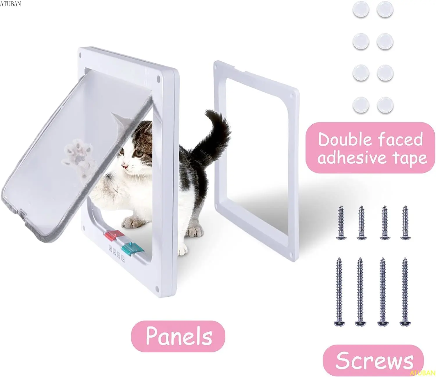 ATUBAN Cat Door Flap Extra Large 4 Way Locking for Interior Exterior Doors Weatherproof Pet Door for Cats Doggie Kitties&Kittens cat door,pet door