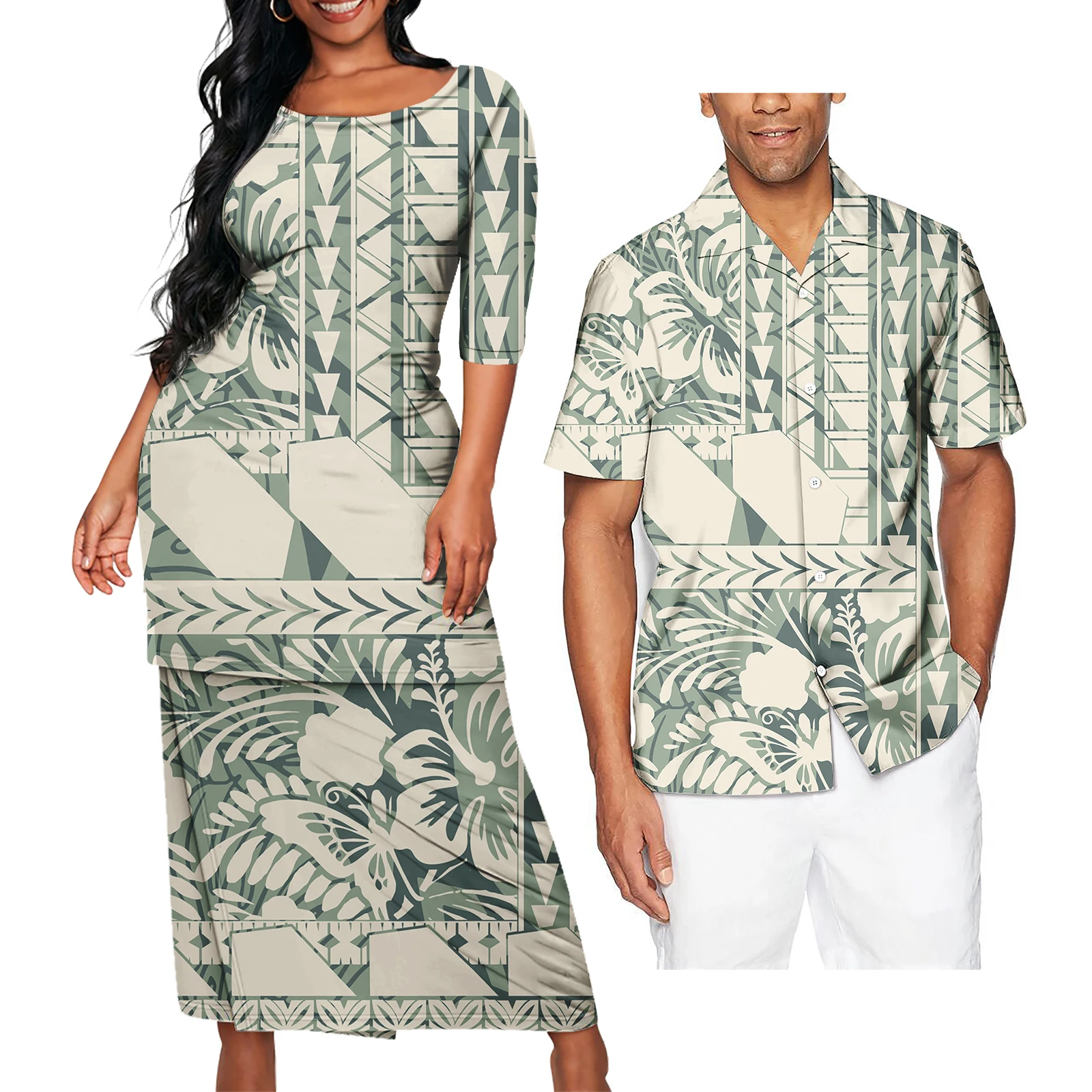 Couple Matching Hawaiian Outfit Set - Polynesian Tribal Print Aloha Shirt & Midi Dress For Beach Vacation & Luau - View #2