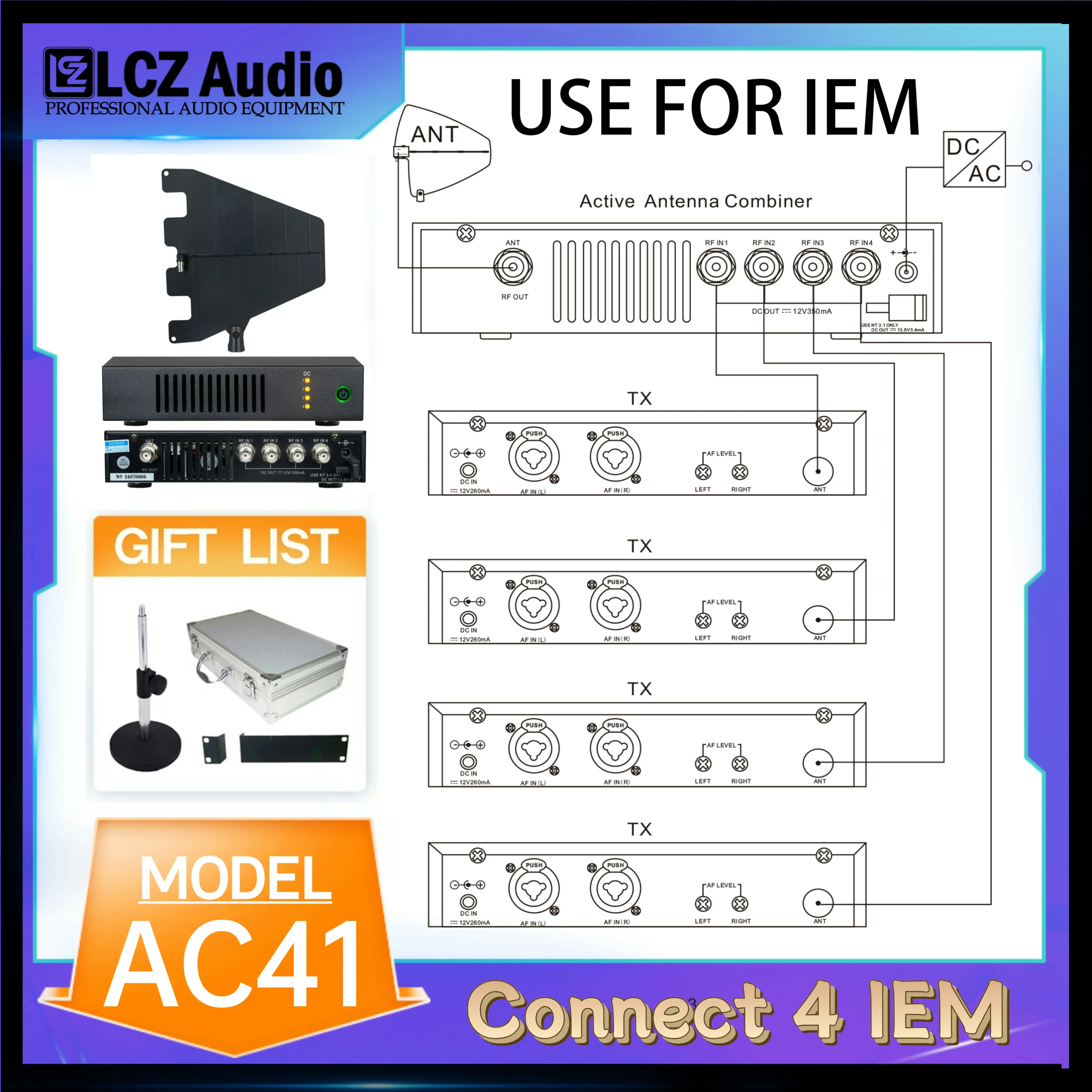 LCZ Audio AC41 Antenna Distribution System Active Antena Combiner Wireless In Ear Monitor Antenna Arrays For Wireless Microphone