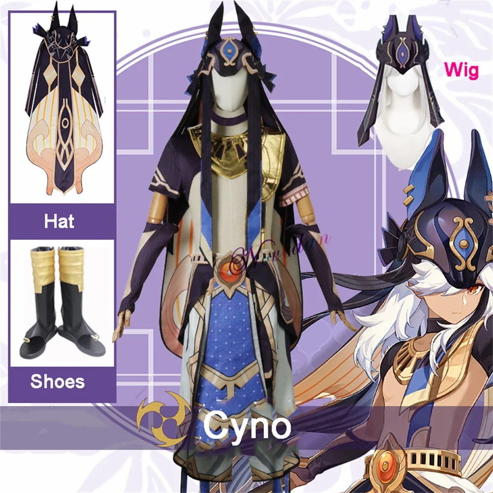 

Anime Game Cyno Cosplay Full Set New General Mahamatra Cyno Costume Halloween Party Carnival Suit Wig Hair Shoes Hat