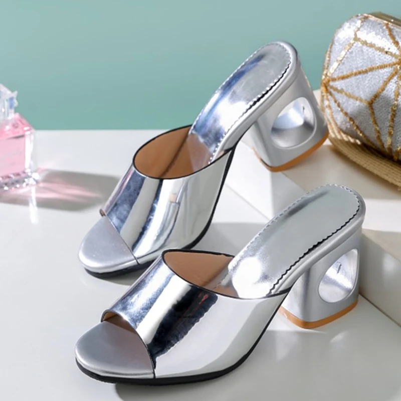 Summer Slippers Women Block High Heels Mules Shoes Fashion Luxury Gold Silver Slides Causal Sandals Ladies Large Size 45 48
