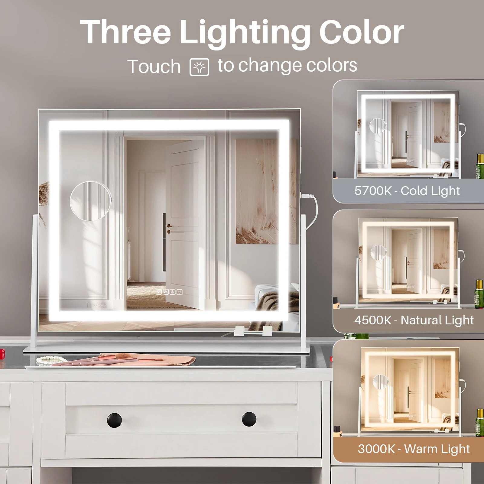 Redlife Vanity Mirror w/ LED Light Strip 22"x19" Makeup Mirror w/ Dimmable Control 10X Magnification USB Phone Holder 2 Speakers 4