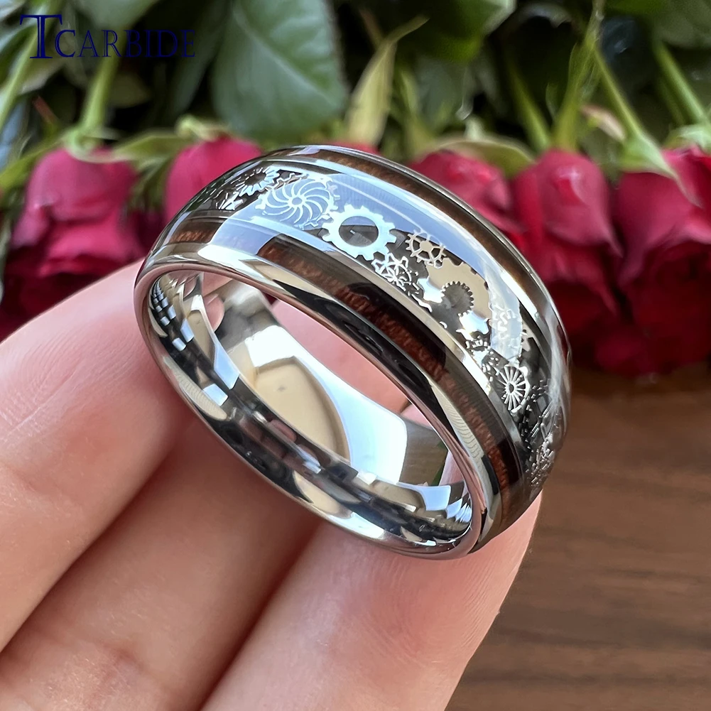 10MM Large Width Men Tungsten Wedding Ring Mechanical Gear Wheel Wood Inlay Domed Polished Cool Gift For Boyfriend Husband