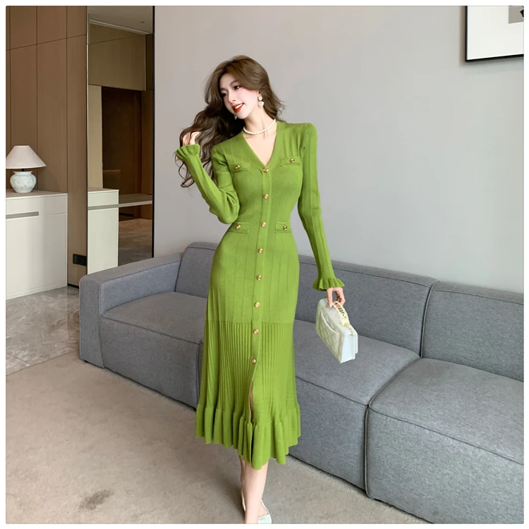 Autumn Solid Knitted Dresses for Women Single Breasted Chic Flared Sleeve Ruffles Hem Casual Female Office Elegant Robes