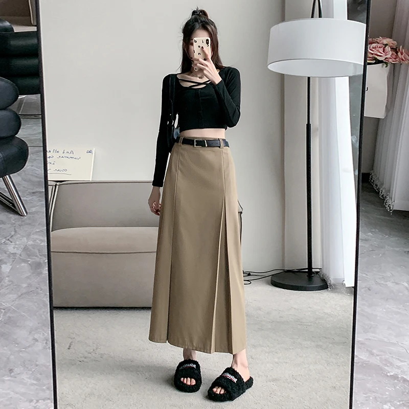 

Новинка 2023, приталенный костюм с завышенной талией в европейском и американском стиле, плиссированная юбка для женщин, универсальная юбка с разрезом