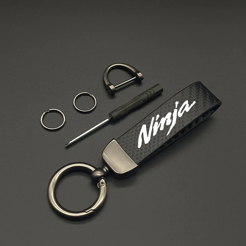 

High-Grade Carbon Leather Motorcycle Keychain Key Rings for Kawasaki Ninja 250 300 400 650 Horseshoes Keychain