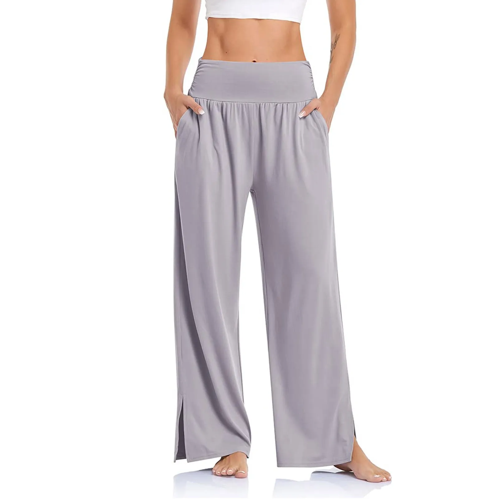 Women Trousers Solid Color High Waist Wide Leg Long Pants Elastic Band Loose Dance Trousers Wide