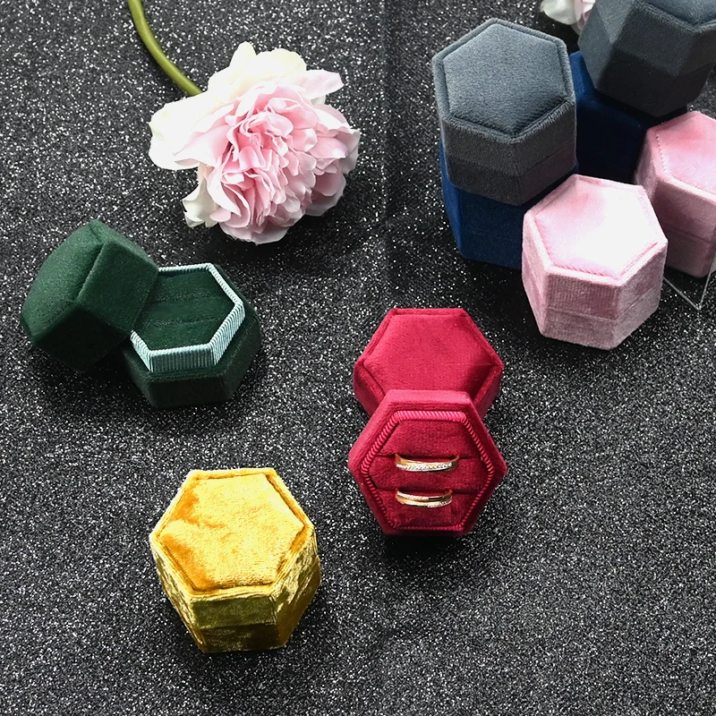 Velvet Ring Box Double Slots Hexagon Jewelry Ring Case Boxes With Detachable Lid For Proposal Engagement Wedding Ceremony Gift cashmere leather metal ring jewelry tray with 8 6 detachable ring sticks display wooden store display prop ring holder organizer