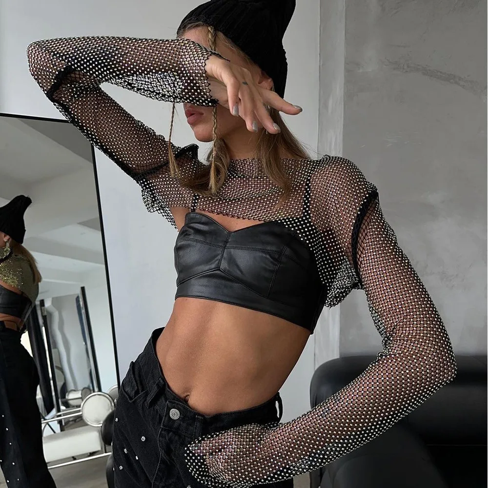 

Fishnet Women Summer Transparent Sequins Tee Top Long Sleeve Hollow Out Cropped Sheer Camisole Top Female T-Shirt Top Clubwear