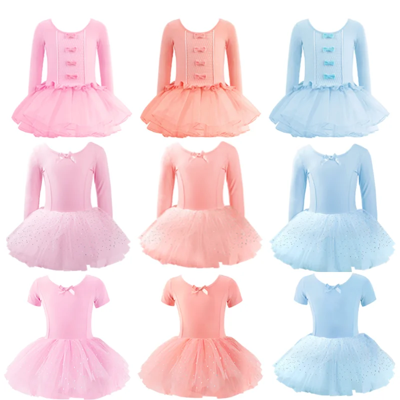 

Girls Ballet Dance Dress Kids Children High Quality Short /Long Sleeves Tulle V Back Bowknot Gymnastics Dance Wear ballet dress