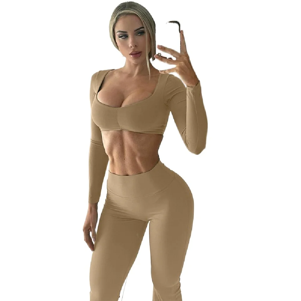 

European And American Style Autumn 2023 Women's New Long Sleeved U-neck Pleated Slim Fitting Two-piece Fashion Speaker Pants Set