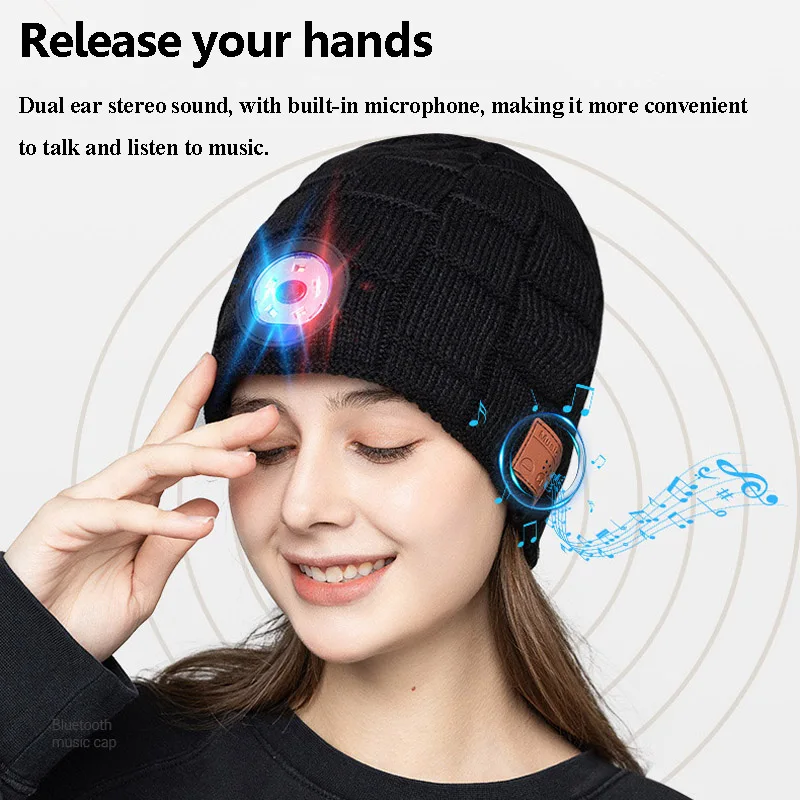 Warm Bluetooth 5.0 Headphones Outdoor LED Light Music Hat with MIC for Handsfree Easy to Disassemble Washable Birthday Gifts