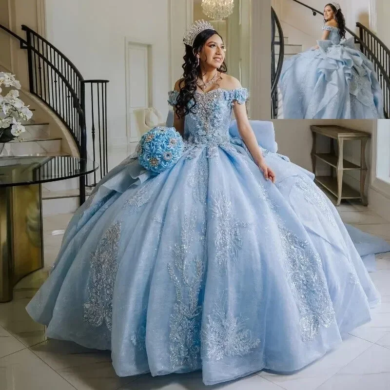 ANGELSBRIDEP Glittering Light Blue Quinceanera Dresses Flower Lace Beading Off-Shoulder Birthday Party Vestidos De 15 Anos