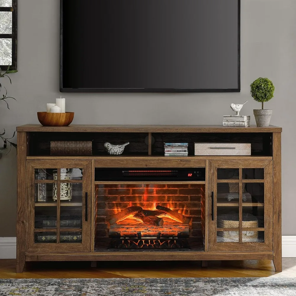 TV Stand for 65" TV, w/Electric Fireplace KD Insert and Storage Cabinet, Heater w/Remote, Fireplace TV Console for Living Room 2