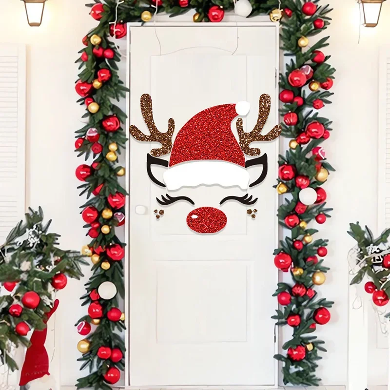 Christmas Door Stickers Christmas Tree Santa Claus Elk Decoration Scene Sticker For Window Wall Door Xmas Home Decor