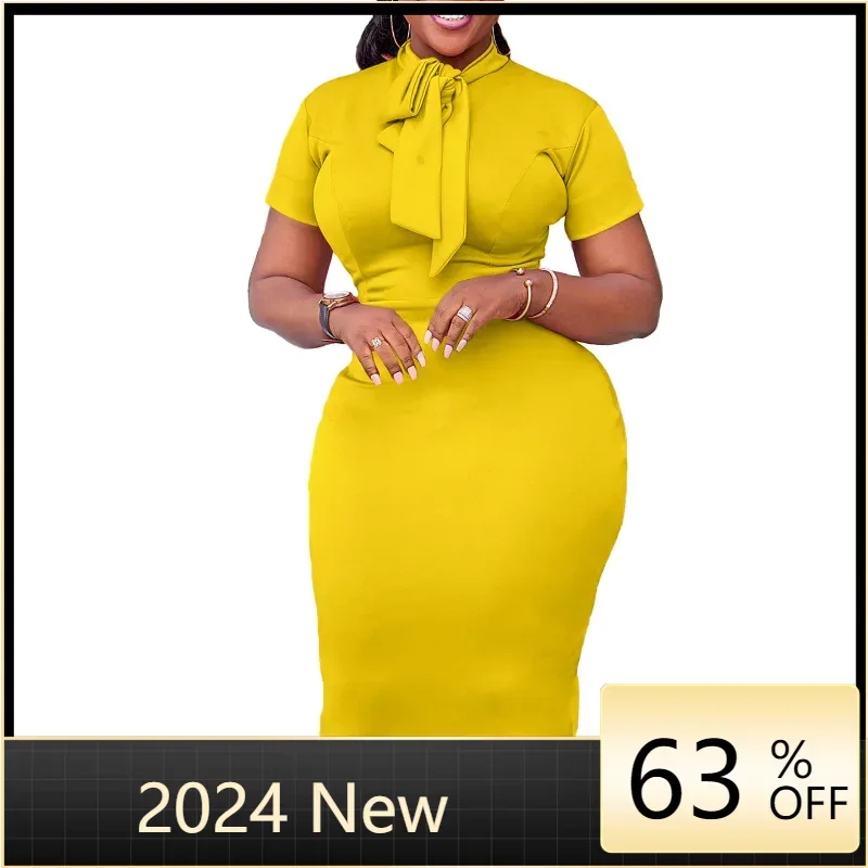 

Formal Dresses For Curvy Women Classy Solid Color Short Sleeve Tie Up Neckline Bodycon Cocktail Dress Sexy Dresses For Women