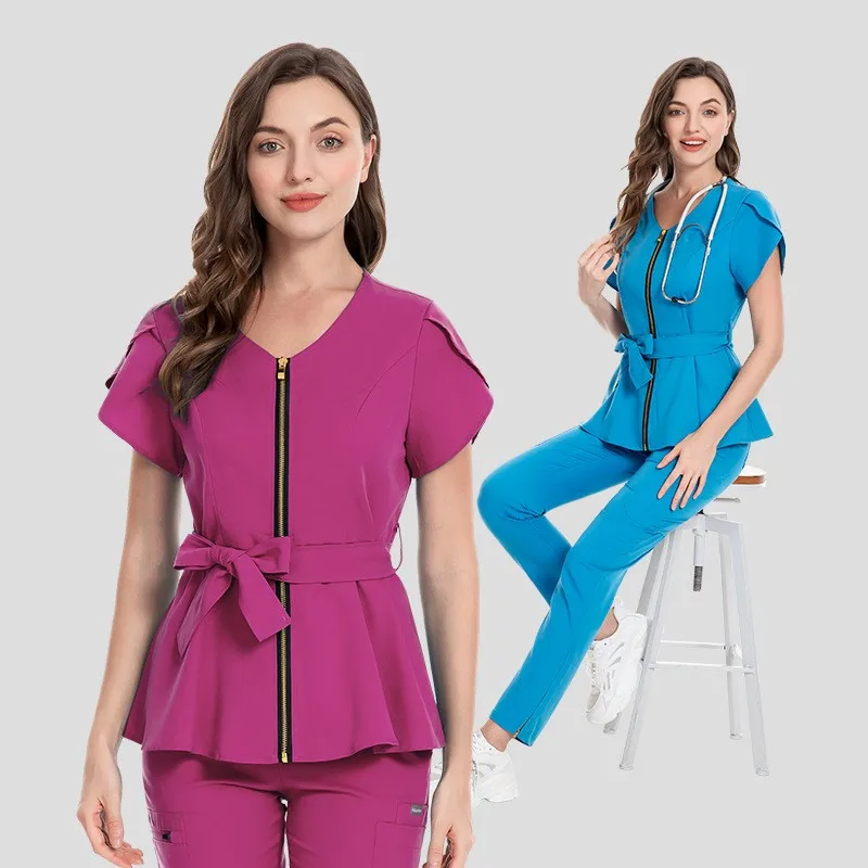 

Nurses Uniform Workwear Scrubs Tops+pants Suit Solid Color Nurse Uniform Short Sleeved Pocket Blouse Pharmacy Dentistry Workwear