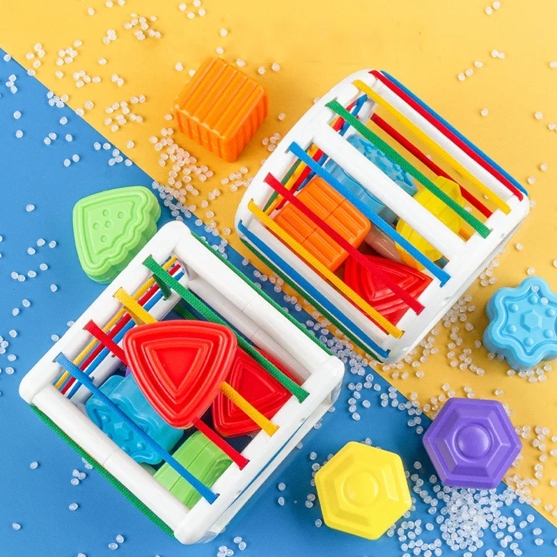 

Montessori Educational Toys Baby Shape Sorting Toys Children Colorful Sensory Cube Toys with Elastic Bands for Fine Motor Skills