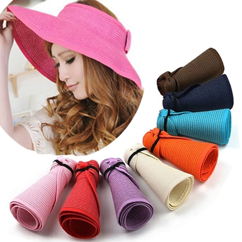Fashion Girl Women Lady Foldable Roll Up for Sun Beach Wide Brim Straw Visor Hat Dropship