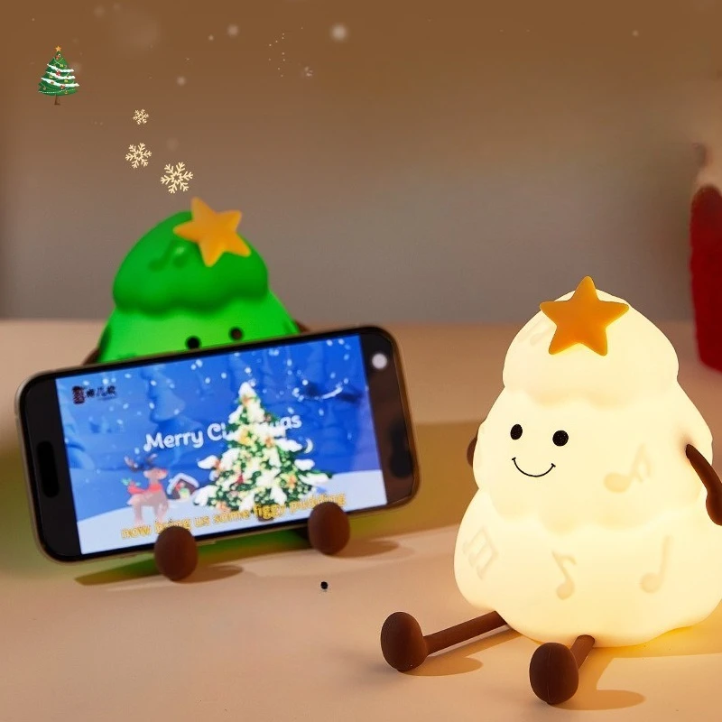 Christmas Tree Silicone Night Light Phone Holder with Three-level Dimming, Timed Tapping, Creative and Interesting New Design
