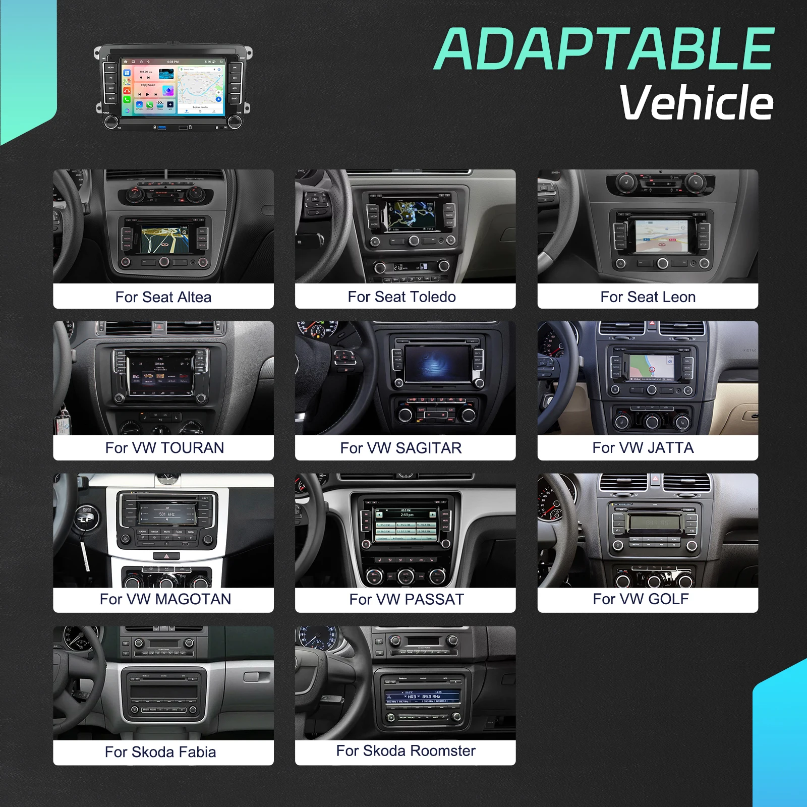 Podofo Autoradio für Seat/Altea ab 2005/2004, kabelloses CarPlay, Android-Headunit, GPS-Navigation, WIFI, FM/RDS, Auto-Player, BT, EQ – Detail 2