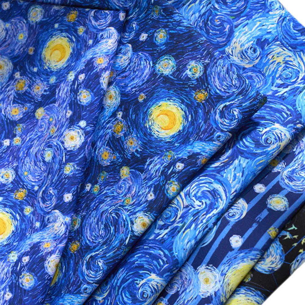 Van Gogh Inspired Starry Sky Cotton Print Fabric - 145x50cm for DIY Projects and Home Decor