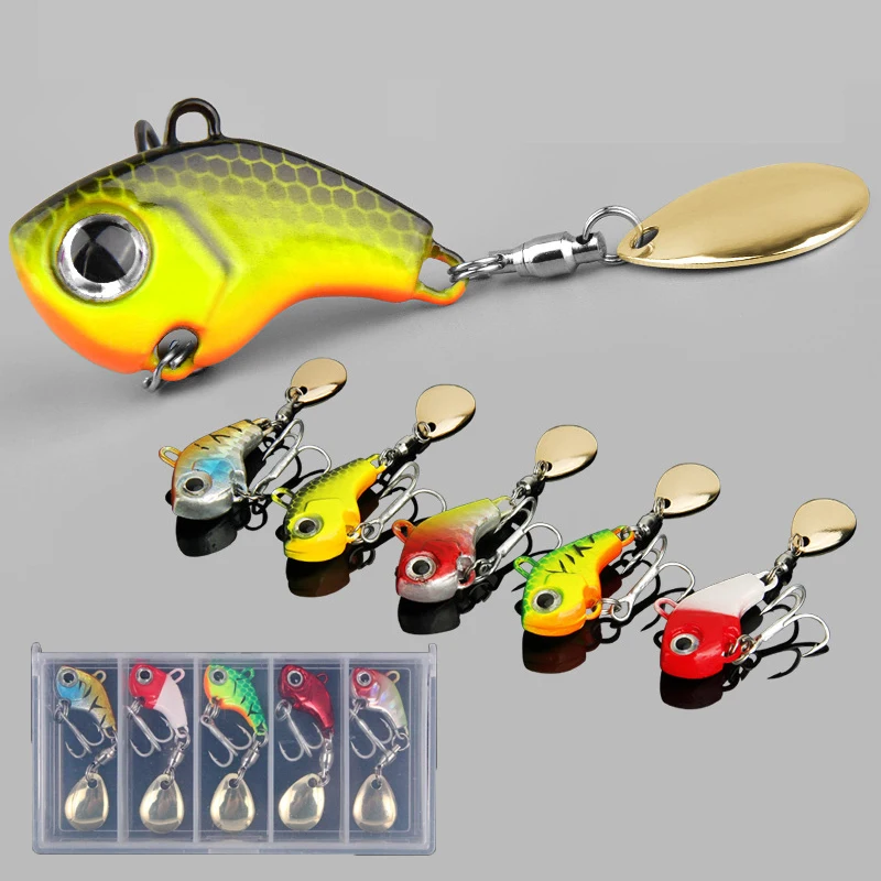 Set 5 leurres métalliques pêche mer - Cuillères tournantes VIB spinner wobbleurs appâts durs à paillettes