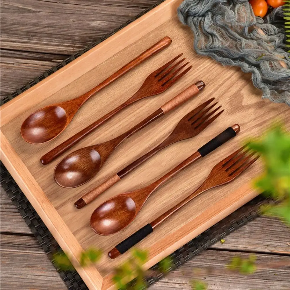 Natural Wooden Spoon Wooden Fork Rice Soups Spoon Utensil Cereal Fork Dinnerware Cutlery Cookware Kitchen Accessories