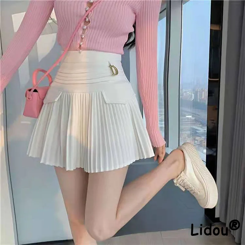 White Women High Waist Pleated Skirts Metal Letter D Design Fashion Club Wear Korean Sweet Girl Kawaii A-Line Casual Mini Skirt canopy bed frame white metal 90x200 cm