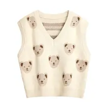 

Deeptown Kawaii Bear Print Sweater Vest Preppy Style Sleeveless Knit Vest Cute V-neck Tank Top 2022 Fashion Student Clothes Chic
