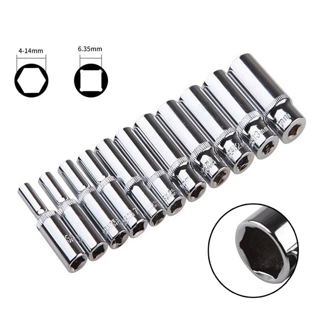 

1/4Inch Hex Socket Adapter 4-14mm Deep Ratchet Wrench Head 50/25mm Length Impact Driver Hand Tools Car Repairing Accessories