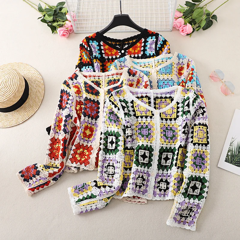 Retro Chic Hook Flower Hollow V Neck Knitted Sun Protection Cardigan Coat Women's Thin Summer Lazy Loose Long Sleeved Top Tide soft waxy gentle sweater women s autumn and winter new lazy style retro japanese loose round neck fried dough knitted top women