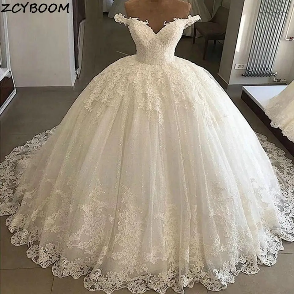 

2023 White/Ivory Ball Gown Long Wedding Dress Off The Shoulder Bride Dress Princess Applique SequinsTulle Elegant Wedding Gowns