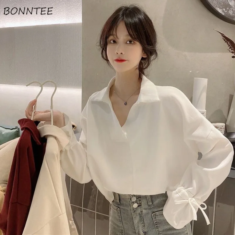 

Women Shirt V-neck Solid Preppy Style Korean Fashion Designed Lace-up College Long Sleeve Loose Fit All-match Sweet Girls Spring