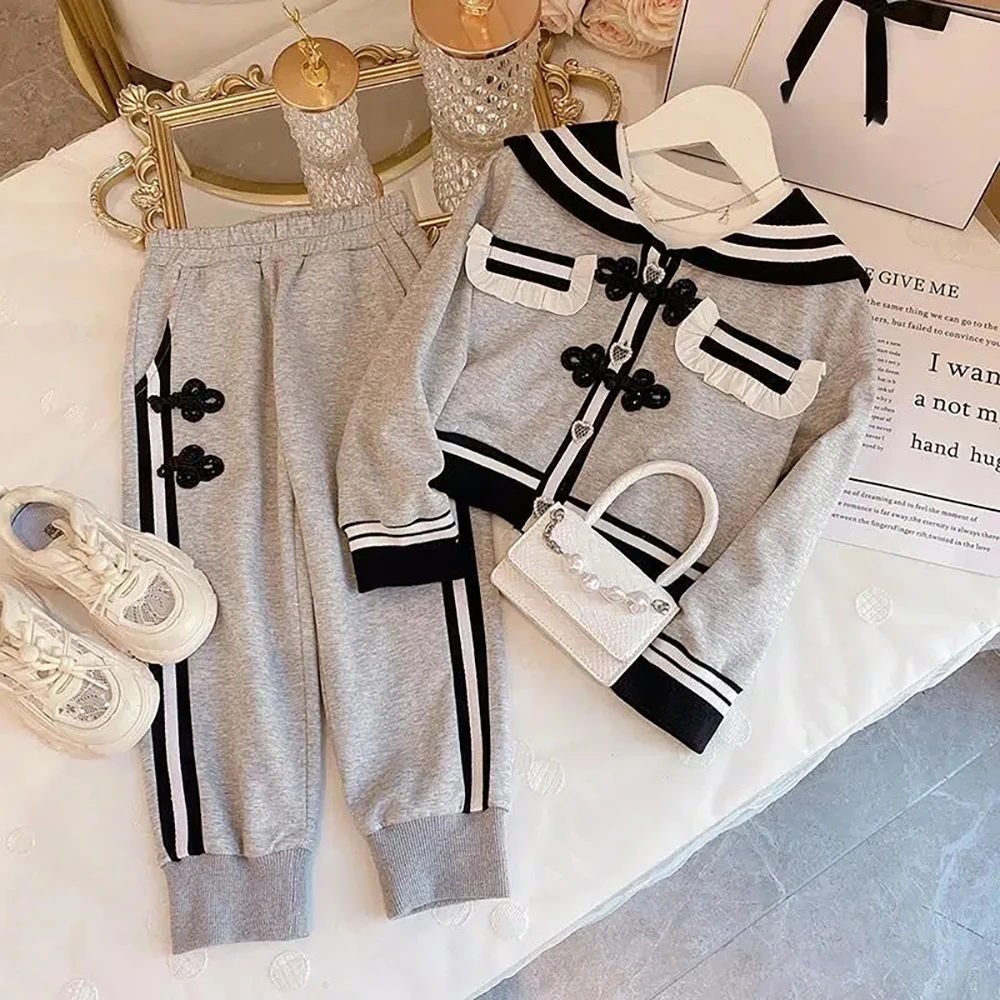 

Menoea Girls' Sports Set 2023 Autumn New Children's Polo Collar Stripe Button Long Sleeve Top+Pants Two Piece Fashion Set