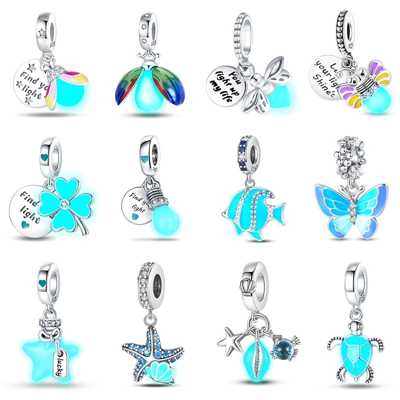 Hot Sale 925 Silver Color Fireflies Bees Stars Turtles Luminous Charms Beads Fit Pandora 925 Original Bracelets DIY Jewelry Gift