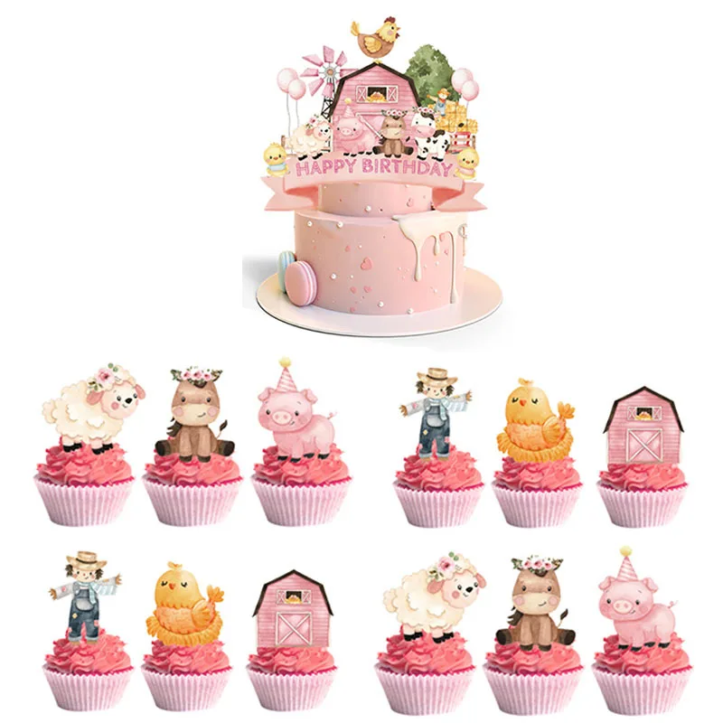 

Farm Animals Cake Topper for Girl Pink Birthday Party Decoration Cupcake Toppers Decorating Children Favors