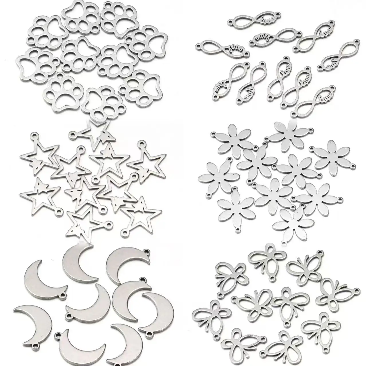 10 Stück/Set Edelstahl-Anhänger Vierblättriges Kleeblatt, Mond, Stern, Herz, Blume, kleine Anhänger für Schmuckherstellung, DIY Armband, Halskette