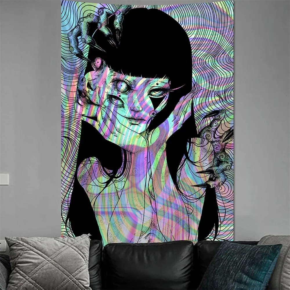 Japanese Horror Anime Wall Hanging Tapestry Weird Anime Tapestries Horror Kawaii Room Decor Decorative Mural Home Decor Tapiz tapestry decorations
