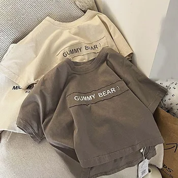 2025 Summer New Children Printed Letter T-Shirts Baby Boys Girls Cute Tees Tops Kids Short Sleeve Solid Loose T-Shirt For 1-7Yrs 1