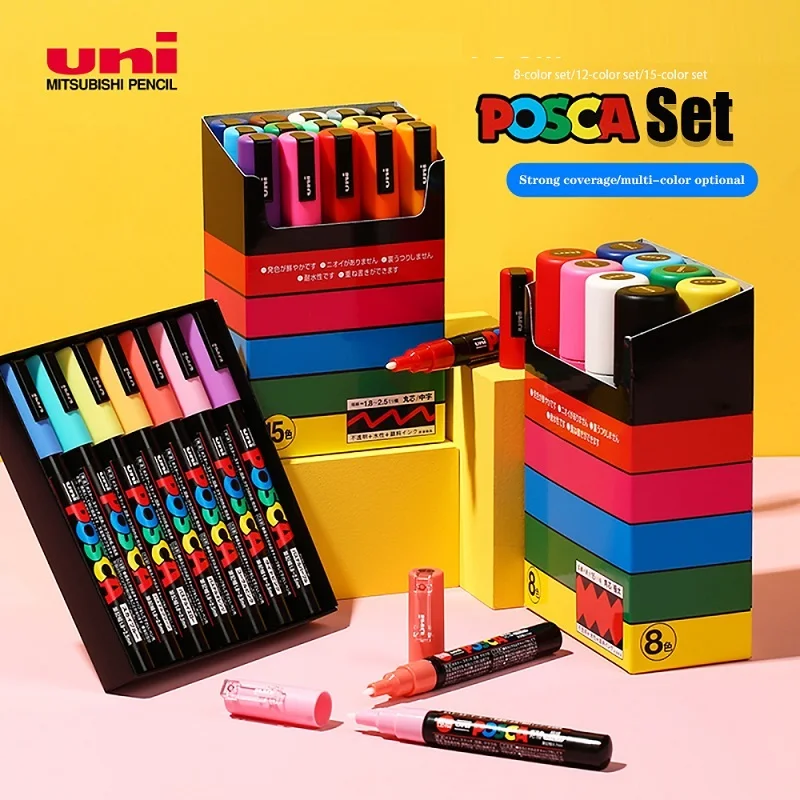 UNI Posca 마커 페인트 펜 세트 아크릴 Plumones PC-1/3/5M/8/17K,7-15 색상 POP 페인트 펜/포스터 펜/낙서 광고 아트