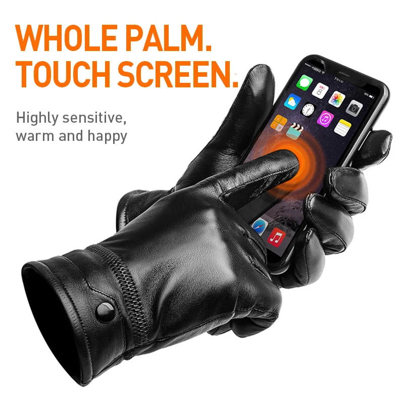 BISON DENIM Men's Genuine Leather Gloves Touch Screen Gloves for Men Winter Warm Mittens Full Finger handschuhe Plus Velvet S019