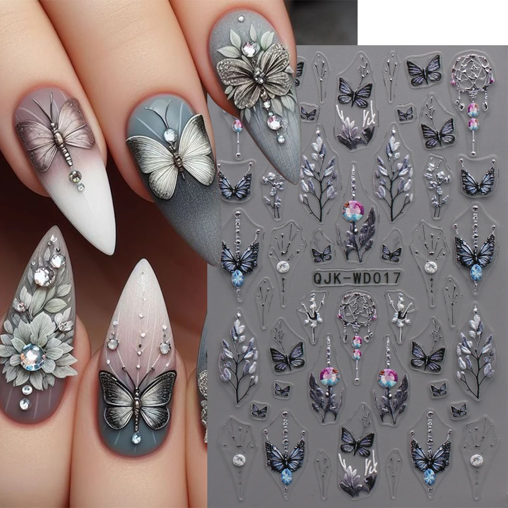 1pcs 검은 꽃 3D 네일 아트 스티커 진한 빨간색 꽃무늬 고딕 나비 양각 디자인 네일 데칼 DIY 매니큐어 장식